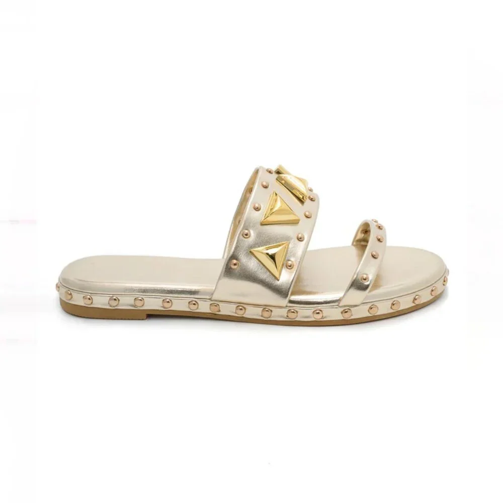 Azelea Wang Rylie Gold Embellished Slip On Vegan Leather Sandal